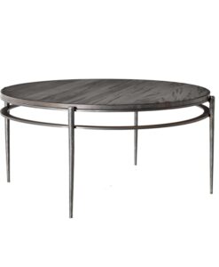 Round wooden coffee table with metal legs