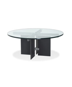 Coffee table with round glass top and four metal panel legs