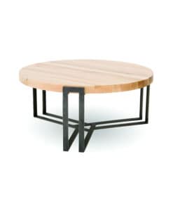 Round Coffee table with wood top and three metal legs that meet underneath