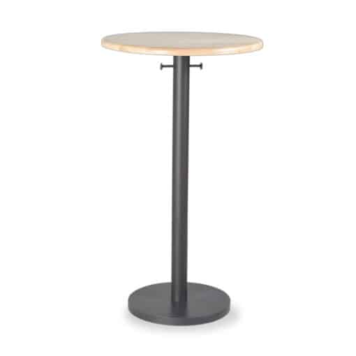 Round Pub Table with Wood top and Single Metal Leg with Round Base and Coat Hooks